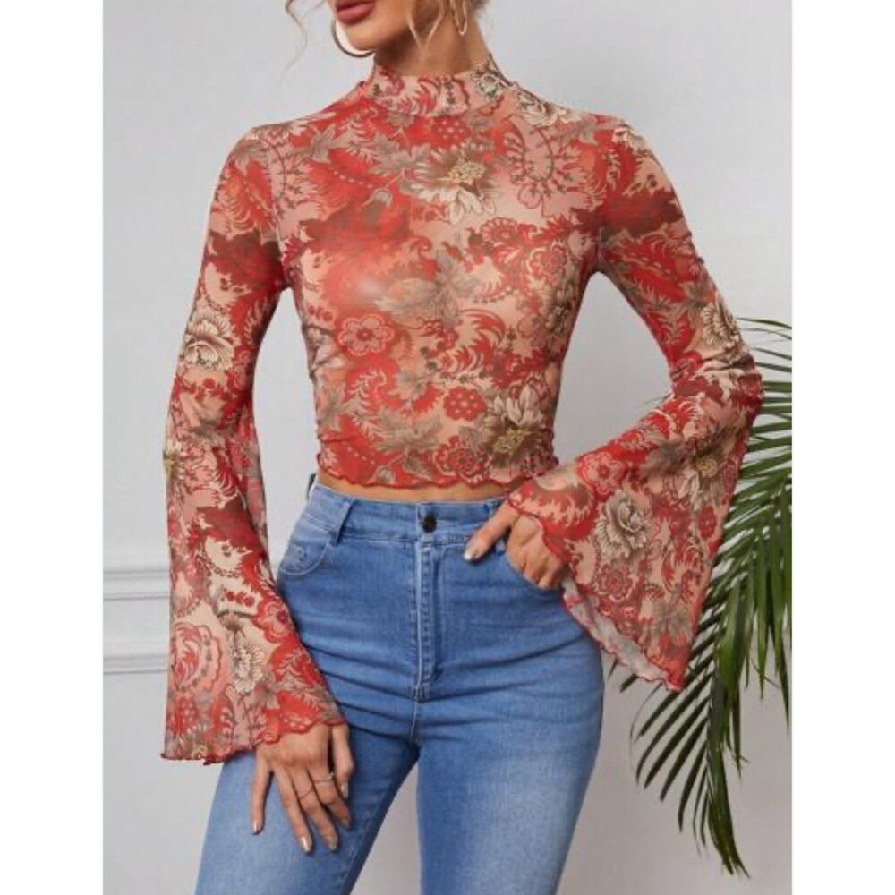 Floral Semi Sheer Chiffon‎ Crop Blouse Long Bell Sleeve Boho Y2K Festival Fall